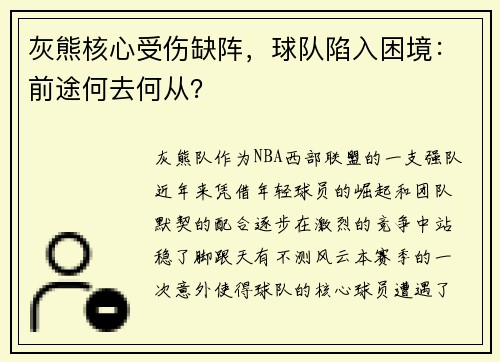 灰熊核心受伤缺阵，球队陷入困境：前途何去何从？