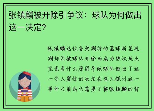 张镇麟被开除引争议：球队为何做出这一决定？